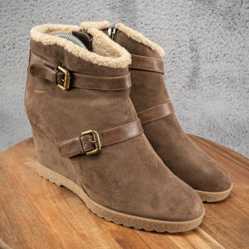 $398 RARE Aquatalia‎ US 9 Shearling Brown Suede Wedge Winter Ankle Boot